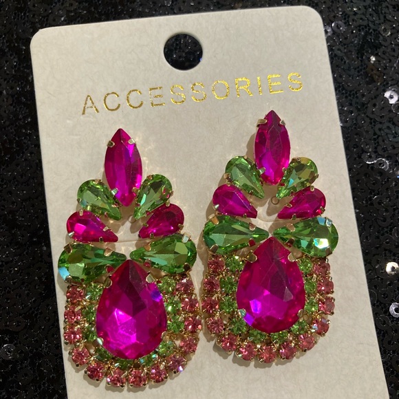Pink and green water drop rhinestone earrings - Picture 5 of 7